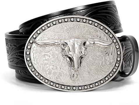 SANSTHS Western Cowboy Gürtel für Herren Damen, Western Leder Gürtel Bull Buckle Belt Geprägter Ledergürtel für Jeans, Schwarz/Lange Bullenschnalle
