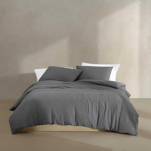 Calvin Klein - Queen Comforter Set, Luxuriously Soft & Breathable Bedding with Matching Shams, Casual Home Decor (Seersucker Dark Grey, Queen)