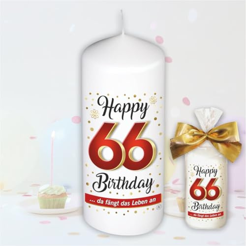 Stumpenkerze - Geburtstagskerze zum 66. Geburtstag, Happy Birthday - Für Dich | Motive auf Tattoofolie | Geschenkfolie und goldener Schleife | Kerze mit Geburtstagszahl Zahl in Geschenkverpackung