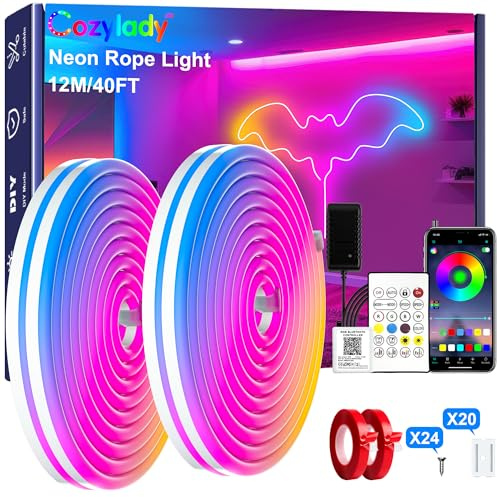 Cozylady RGB Neon LED Rope Lights, Waterproof Bluetooth APP Remote Control Music Sync Strip Lights, 24V Flexible DIY Silicone Light for Bedroom Home Indoor Outdoor Decor (12M/40Ft)
