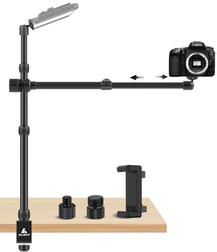 ailight Camera Desk Mount Stand Overhead, Adjustable Microphone Boom Arm Mic Stand with Phone Holder, Camera Arm Clamp 5/8'' 3/8'' 1/4'' Screws for Shure, Blue Yeti, Rode, Elgato, Fifine, HyperX