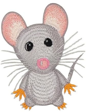 Maus Grau Aufnäher zum aufbügeln oder aufnähen Bügelbild Aufbügler für Kleidung gestickter Bügelflicken Applikation Patch Größe 6,7 x 8,4 cm