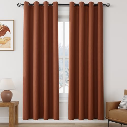 Nanspring 100% Blackout Linen Curtains for Bedroom Thermal Insulated Grommet Complete Blackout Drapes 80 Inch Length 2 Panels Set Heat and Full Light Blocking Living Room Darkening Curtain Terracotta