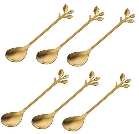 Cabilock Gold Leaf Iced Tea Spoons Stainless Steel Cocktail Stirring Spoons Creative Tableware Set 6pcs for Coffee and Dessert Use