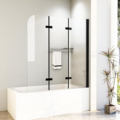 Duschabtrennung für Badewanne 120x140cm 3-Teilig Faltwand, Duschwand Faltbar 180° Schwarz Alu Duschtrennwand, Badewannenaufsatz aus 6mm ESG NANO Sicherheitsglas Faltwand, Badewannenfaltwand Dusche