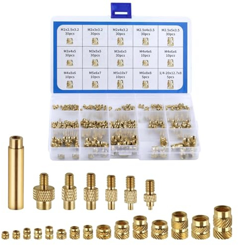 LEONTOOL 307-teiliges Gewindeeinsatz-Set, M2-M6 1/4-20 metrische Rändelmuttern, Heizeinsätze aus Messing mit Schweißadaptern für Kunststoff- und 3D-Druckkomponenten