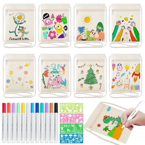 8 Stück Stoffbeutel zum Malen für Kinder, DIY Kinder Umhängetasche mit 12 Farbstiften und 4 Malschablonen, DIY Beige Brustbeutel für Schule, Party, Feier