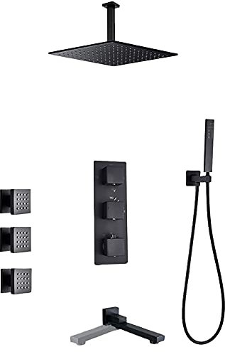 Schwarz Thermostat-Duschsystem mit Handbrause Regenduschkopf Wannenauslauf und Körperbrause Komplettdusche Combo Kit