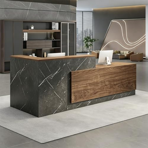 UKETO 220CM Moderne Empfangstheke aus Holz - L-Form Empfangstresen für Büros multifunktionaler Empfangstisch mit großzügigem Stauraum Geeignet für Büros Rezeptionen Hotels (rechts hoch-C)