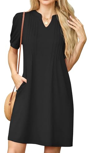 GRECERELLE Sommerkleid Damen Kurzarm V-Ausschnitt Etuikleider T-Shirt Minikleid Tunika Kleid Dresses for Women Leichte Kurze Freizeitkleid Strandkleid mit Taschen (Schwarz, XL)