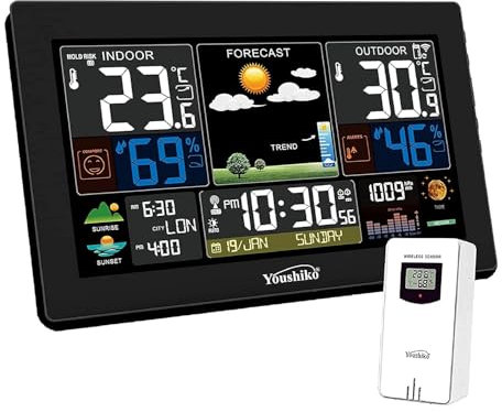 Youshiko XL YC9446 (Official 2025 UK Version) Weather Station Radio Controlled Clock, Indoor Outdoor Temperature, Humidity, Barometric Pressure, Sunrise/Sunset Times