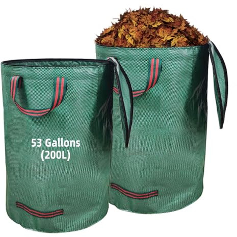 Sacchi da giardinaggio con coperchio 2x 200L – Raccogli foglie da giardino, sacchi per rifiuti pieghevoli con maniglie, impermeabili, in polipropilene, robusti, antistrappo e riutilizzabili