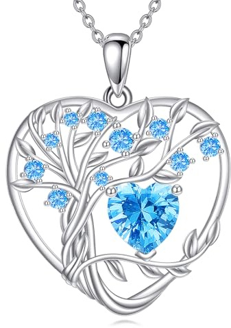 YFN Collier arbre de vie en argent sterling avec pendentif pierre de naissance, chaîne en forme de cœur, cadeau d'anniversaire pour femme