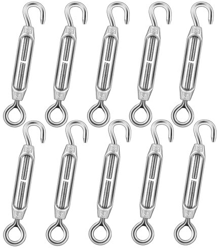 DIYLAND 10 Pezzi M4 Tiranti per filo acciaio, Tendifilo con gancio e occhiello Tenditore filo stendibiancheria regolabile per fili da giardino, luci a corda fai da te, appendi quadri e tende