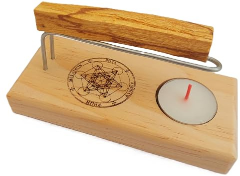 YA-DECOREGALOS Brûleur pour palo Santo ou encens fabriqué artisanalement avec base en bois naturel avec image de Metatron, tiges métalliques, Palo Santo et bougie chauffe-plat inclus. Confortable et