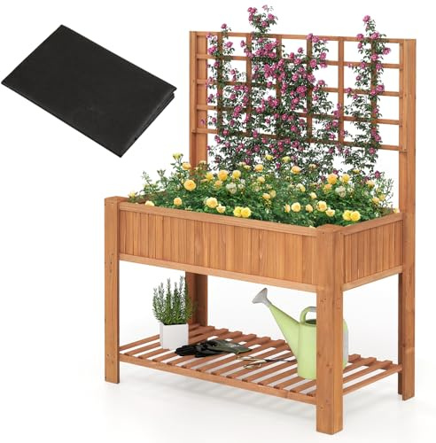 RELAX4LIFE Fioriera da Esterno, Orto Rialzato da Esterno in Legno di Abete con Grigliato e Ripiano, 4 Fori di Drenaggio, Vasi per Piante Rampicanti, Fiori e Orto, per Balcone, 116x59x150cm (Marrone)