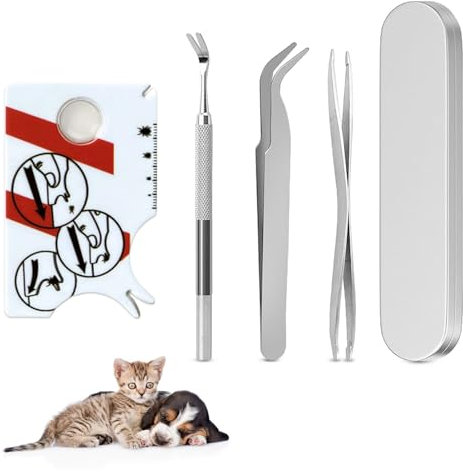 QINGYIWL Zeckenentferner 4er Set, Zeckenzange, Zeckenpinzette, Zeckenhaken und Zeckenkarte für Mensch, Kinder, Hunde, Katze