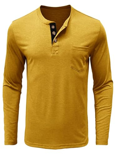 UHouse Henley Homme Manche Longue Respirant Tshirt Basique Teeshirt Décontracté Tee Shirt Boutonné Vêtements Col Tunisien Haut Tennis Habit Fin Cut Vetement 01 Jaune 3XL