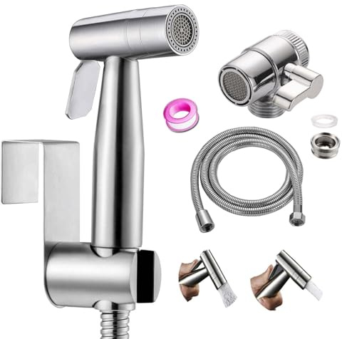 Home Handheld Bidet Baby Toilet Set, Stainless Steel Dual Function Nozzle Hose and Fittings, Ideal for Washing Hair or washbasin (Silver)