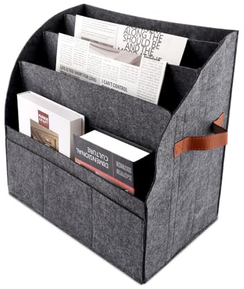 STARVAST 2 Stück Zeitschriftenständer, Modern sammler Faltbarer,Aufbewahrungsständer für große Filz-Zeitungskörbe,abnehmbare 4-lagige Trennwand,3 kleine Außentaschen,Lager für Haus und Büro (Dunkelgr