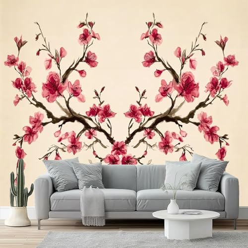 Carta da parati Simmetria dei fiori di pesco dipinta a inchiostro Fotomurali Murale 400 x 280 cm TNT Decorazione da Muro Poster Gigante Carta per Pareti Soggiorno Camera da Letto Sala Rosa Beige