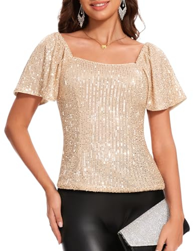 DRESSTELLS Sequin Sparkly Square Neck Tops for Women Short Sleeve Blouse for Evening Concert Cocktail Party Club Shirts Champagne XL