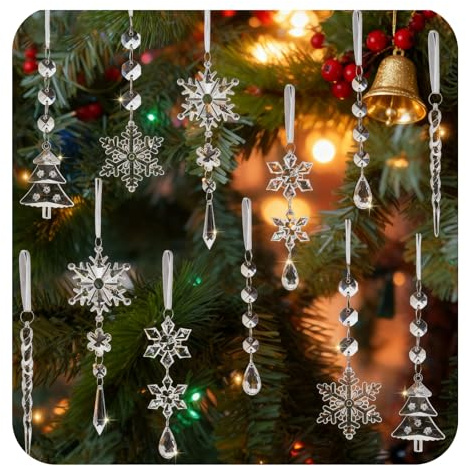 18pcs Crystal Christmas Tree Decorations Set, Christmas Ornaments Set, Hanging Acrylic Crystal Snowflake Decorations Icicle Drop Decoration for Christmas Tree Party Hanging Indoor Decoration
