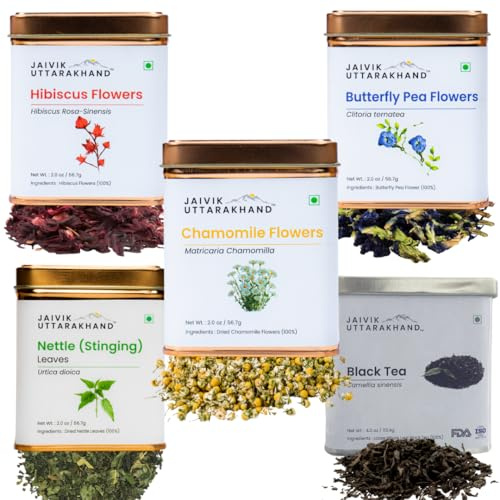 Jaivik Uttarakhand - Herbal Tea Gift Pack (5 Count, 56.7g, Hibiscus, Blue Pea, Chamomile, Nettle Leaf, Black Tea Tin Can)