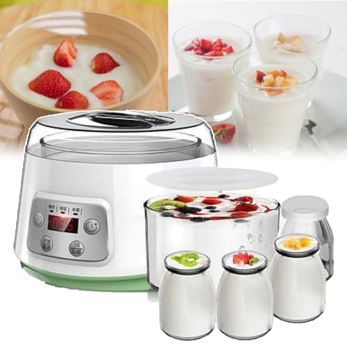 Yaourtière Électrique (1,3 L), 4 Pots En Verre De 100 Ml, Écran LCD/interrupteur Tactile, Temps Réglable/arrêt Automatique, Nettoyage Facile, Pour Yaourt/natto,A