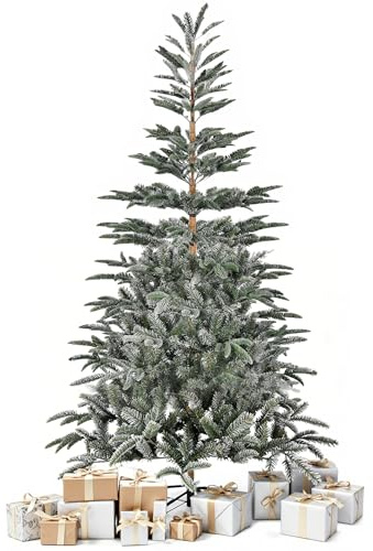210 cm Künstlicher Weihnachtsbaum mit Schnee, Edeltannen Weihnachtsbaum PVC Tannenbaum künstlich mit Schnee, inkl. Metall Christbaum Ständer, Schnellaufbau, Klappsystem Baum für Weihnachten