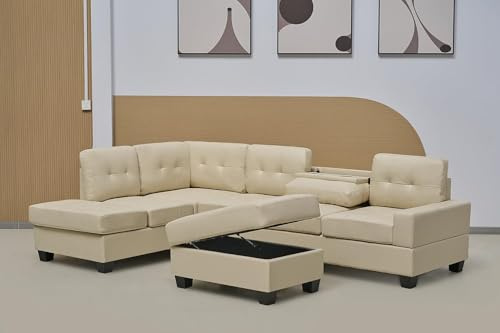 Western Left Hand Side Cream Bonded Leather Corner Sofa With Drop Down Cup Holder And Ottoman For Sale - Cheap Couches
