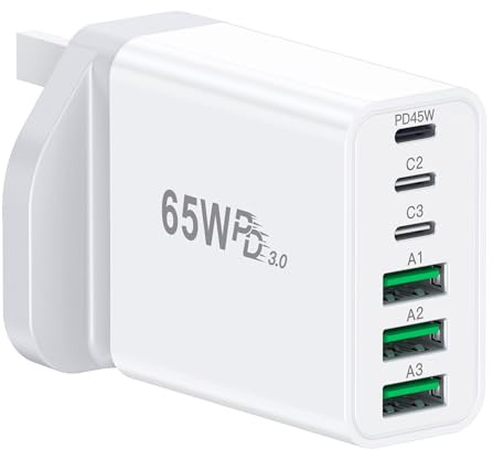 65W USB C Plug, 6-Port Multi USB Charger Plug with 45W Max Output, 3 USB-C and 3 USB-A, Fast Charger Plug for MacBook Pro/Air, iPad, Galaxy S26,iPhone 17/16/15 Pro
