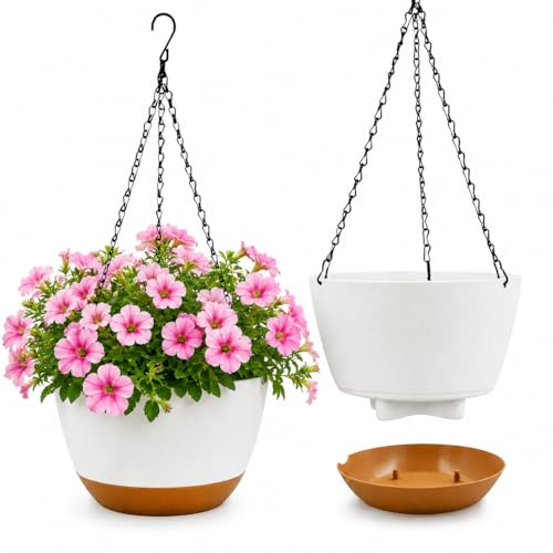 IHONYI Hanging Basket,2 Pack Hanging Plant Holder Indoor Outdoor – Hanging Baskets with Metal Hooks & Chains for Balcony, Garden, Patio, Ceiling Decor (8.3 Inch white)