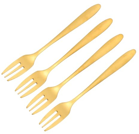 DECORNIJIA 4 Tenedores para Pastel de Acero Inoxidable Dorados de 3 Dientes, Utensilios para Aperitivos, Fruta y Postres, Ideales para Hogar, Bar y Restaurante, Juego Reutilizable y Seguro,