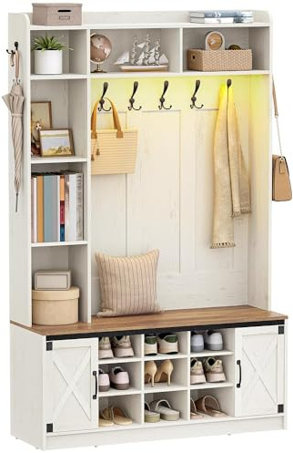 Hzuaneri Coat Rack with Shoe Bench, Hall Tree with LED Lights for Hallway, 15 Open Compartments, Coat Stand with Adjustable Shelves, 7 Hooks, for Living Room, Entrence, White and Brown HT24614X