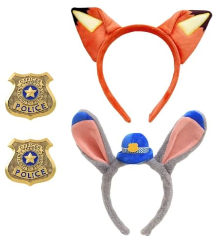 ZXTGBQ 4 Piezas Conjunto de Cosplay de Conejo & Zorro, Diadema con Orejas de Conejo, Diadema con Orejas de Zorro, Placa de Policia, Disfraz de Halloween, Carnaval, Fiestas Infantiles, Cosplay