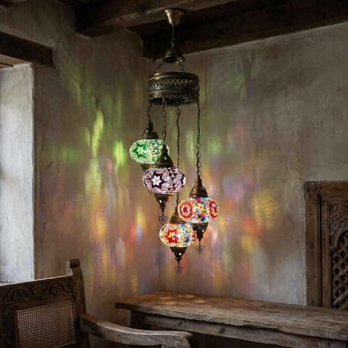 ENVA Multicolor Turkish Mosaic Chandelier - Hanging Mosaic Glass Lamp - 4 Globe Boho Pendant Light - Moroccan Ceiling Fixture