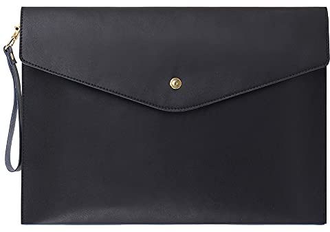 Wonderpool A4 Echtleder Multifunktions Umschlag Portfolio Aktenhalter für Papierdokumente Schreibwaren Organizer und Tablet-Hülle PC Hülle (Schwarz)