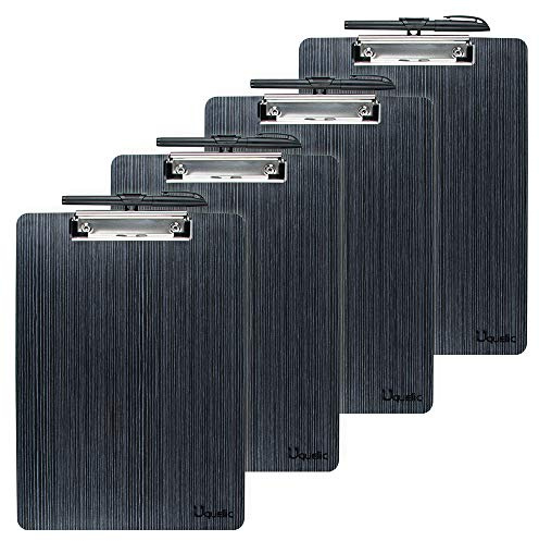 Uquelic 4 Piezas Portapapeles A4 con Pinza/Tableros con Pinza/Carpetas con Pinza Madera Clipboards A4 Impermeable Tablero con Pinza con Peniques Hole (Negro)