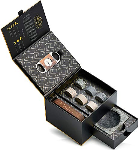 Whisky Steine Geschenkset mit Zigarrenschneider & Zigarren Aschenbecher - 6 Handgefertigte Premium-Granitsteine - Luxuriöse Whiskey & Zigarren Zubehör Goldfolien Geschenkbox