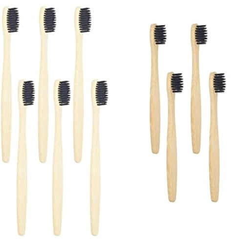 SEVENHEAD Bambus-Zahnbürsten für Erwachsene und Kinder, Familien-Set, 6 + 4 Stück, weiche Borsten, Holzzahnbürsten, natürlich, biologisch abbaubar, BPA-frei, umweltfreundlich, Schwarz