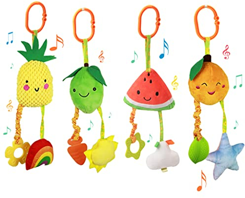 KAKIBLIN Baby Hanging Rattle Toys, 4 Pack Car Seat Stroller Baby Toys Soft Squeaky Toy for Babies Newborn Infant Car Bed Crib Travel Activity, Pineapple and Orange
