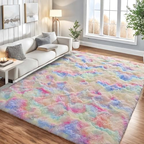 Lanyesky Furry Tapis Grand Tapis de Salon Moderne Tapis de Salon pour Enfants, Tapis Doux et Moelleux pour Chambre À Coucher (Arc-en-Ciel, 80x120cm)