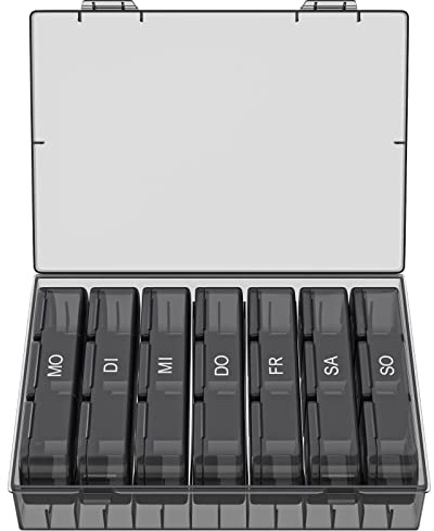 WELLGRO Tablettenbox für 7 Tage - Pillendose je 3 Fächer pro Tag - Klappdeckel mit Druckverschluss - Aufbewahrungsbox - BPA-freier Kunststoff, Farbe:Schwarz