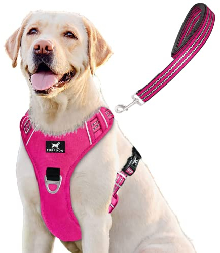 TUFFDOG Easy-Fit Hundegeschirr, Größe L, schnell zu öffnender Nackenklammer, hochwertig, gepolstert, reflektierend, kein Ziehen, mit Kontrollgriff, verstellbare Hundeweste zum Hineinsteigen, plus