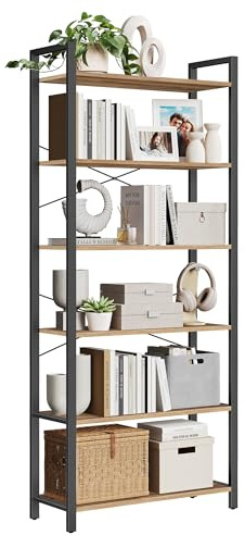 VASAGLE Libreria Alta a 6 Ripiani, Scaffale Portaoggetti, Struttura in Acciaio, Salotto Camera da Letto Studio, 30 x 80 x 186 cm, Industriale, Marrone Grano e Nero Inchiostro LLS082B48