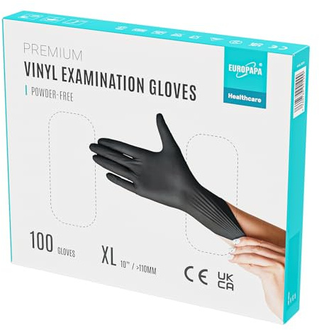 EUROPAPA® 100 Guantes De Vinilo Desechables, Guantes De Examen, Sin LÁTex, Sin Polvo, Guantes De Vinilo Disponibles En Tallas S, M, L Y XL (Negro Premium, XL)