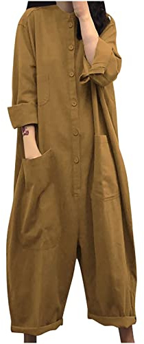 Linen Jumpsuits for Women UK Long Sleeve Elegant Baggy Jumpsuit Sale Loose Button Down Rompers Wide Leg Overalls Harem Pants Solid Ladies Dungarees Plus Size Women Jumpsuits & Playsuits with Pockets