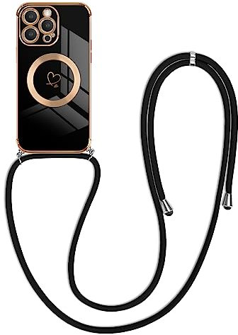 Newseego Crossbody Lanyard Case for iPhone 14 Pro Max [Compatible for MagSafe], Cute Heart Flexible Silicone Protective Phone Case with Adjustable Strap Necklace Bumper Cover iPhone 14 Pro Max-Black