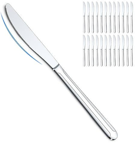 BEWOS 24-Piece 9-Inch Dinner Knives - Dinner Knife Set, Butter Knife, Food Grade Stainless Steel, Sharp knives Bulk, Mirror Polished Table knife, Multiple Silver Knives
